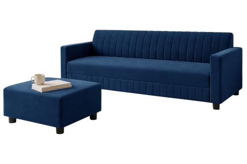 Image of Modern 3-Seater Velvet Sofa with Ottoman | Vertical Channel Tufted Backrest | Plush Cushioned Seating | Stylish Contemporary Sofa for Living Room, Bedroom & Office | Blue