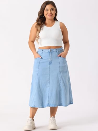 Agnes Orinda Women's Plus Size Denim Skirts Vintage High Waist with Pockets A-Line Midi Jean Skirt2