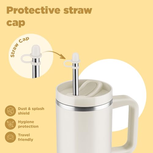 Image of MILTON Malmo 1200 Thermosteel Double Wall Vacuum Insulated Stainless Steel Water Tumbler with Handle 1100ml,Travel Mug with Straw,Silicon Cap,Cleaning Brush,Hot & Cold Beverage Flask, Cream