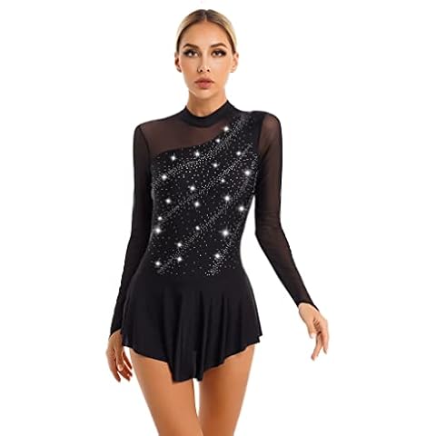 FEESHOW Women Figure Skating Dresses Glittery Rhinestone Lyrcial Dresses Contemporary Dance Costumes Uniforms #04-Black Medium Cover