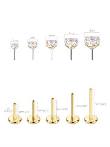 Image of Oveta Threadless Nose Stud Stainless Steel 20G 18G 16G Threadless Flat Back Tragus Earrings Labret Medusa Monroe Ashely Lip Piercing Jewerly Gold
