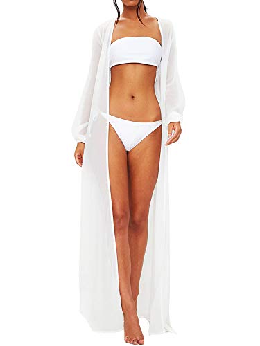 Women White Long Cover Ups Maxi Belted Beach Kimono Dresses (L, White)