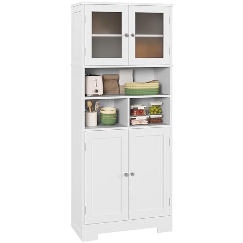 HOMCOM Alacena de Cocina Mueble Auxiliar de Cocina Aparador Alto con 2 Puertas de Vidrio Estantes Ajustables y Compartimentos Abiertos 60x30x145,5 cm Blanco