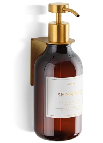 Shower Shampoo Dispenser Wall Mounted – Refillable 16.9 oz Amber Bottle with Stainless Steel Pump & No-Drill Adhesive Holder – Soap Dispenser for Bathroom (1 X Amber/Gold) - image 1