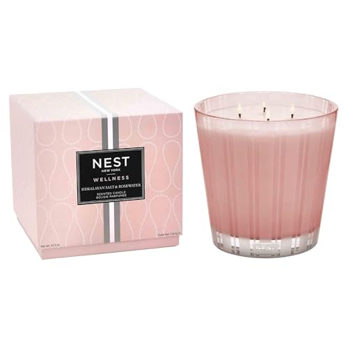 NEST New York Scented Luxury 4-Wick Candle, Himalayan Salt & Rosewater - 43.7 oz - Up to 120-Hour Burn Time - Reusable Glass Vessel