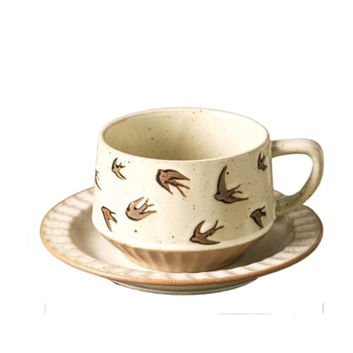 マグカップ クリエイティブストーンウェア ラフアカップ 家庭用 レトロ セラミック コーヒーカップ&ソーサーセット (300ml-2個,燕?)