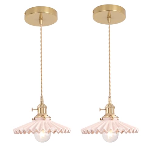 Image of Shenmoyl Pendant Light 2 Pack with Pink Pleated Ceramic Lmapshade, Brass Vintage Pendant Light Adjustable Hanging Light for Kitchen Island Dining Room Hallway