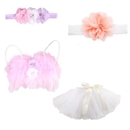 Image of SPOKKI Newborn Photography Props Outfits,4 PCS BabyTutu Skirt and Lace Rompers Flower Headband Sets for Infants