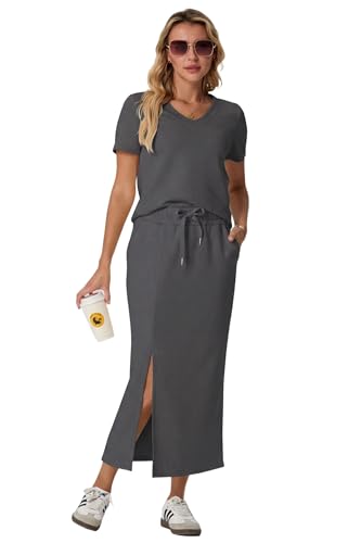 Image of GRECERELLE Women Summer Casual 2 Piece Sets V-Neck Wrinkle-Free Top & Elastic Waist Midi Side Slit Skirt with Pockets