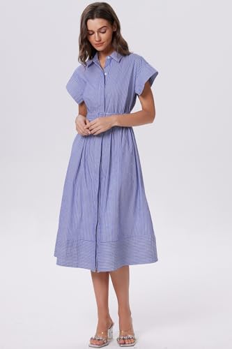 Image of Ladyful Women Casual Button Down Shirt Dress Short Wing Sleeve Buiness Midi Shirt Dress with Belt Elegant Dress