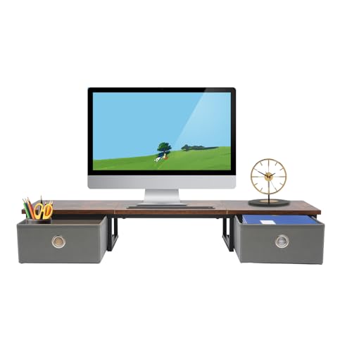 czyuRachel Elevador de pantalla de 100 x 24 x 14,4 cm, elevador de monitor con 2 cajones, elevador de TV con ranura de almacenamiento, soporte para monitor, soporte de pantalla para ordenadores