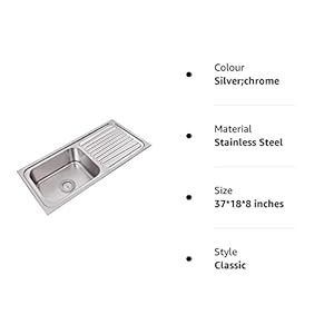 SS Sink 37x18x8 Bowl Sink with Drain Board, Silver, Chrome Finish, Stainless Steel
