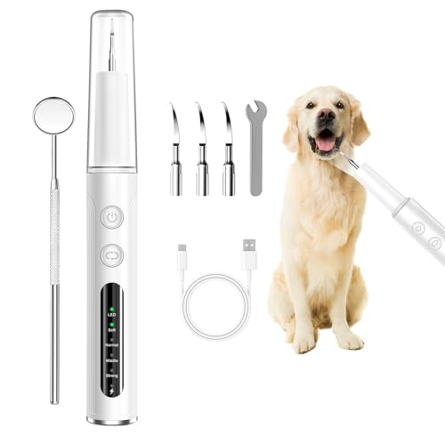 Plaque Remover for Teeth - Pet Tooth Cleaner - Teeth Cleaning Kit for Tartar and Stains for Dogs, Professional Pet Dental Cleaning Tool with LED Light, 4 Speed Settings, 10 Min Auto-Shutof, White