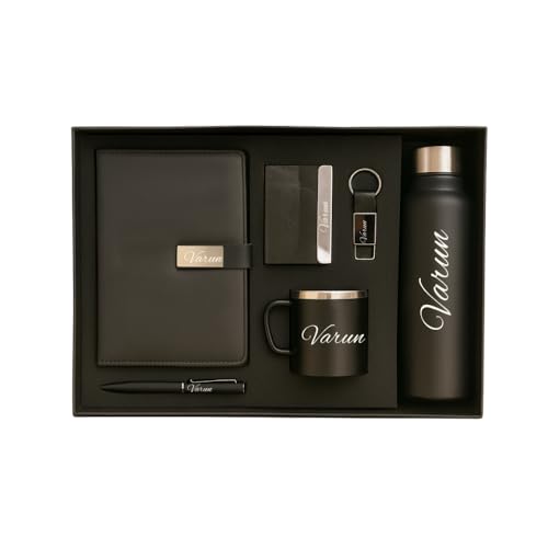 Image of YOUR GIFT STUDIO Customized Diary Gift Set | Personalised Diary, Card Holder, Keychian, Pen, Stainless Steel Mug and 750ml Bottle Personalized Gift for Birthday, Anniversary and Corporate (Black)