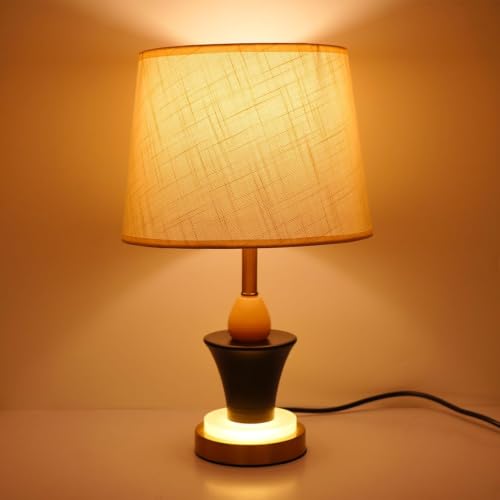 Image of ELARE Modern Decorative Table Lamp with Cotton Fabric Shade, Black & Gold Metal Body, Ambient-Lit Marble Base, LED Bulb Included, Bedside Lamp for Bedroom, Living Room & Office