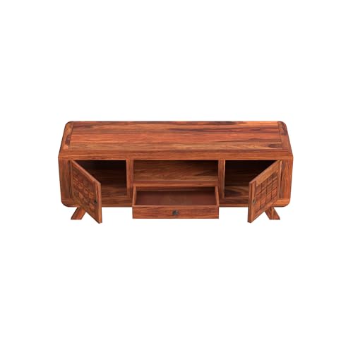 Image of Sheesham Wood Entertainment Tv Unit for Living Room | Free Standing Media Console Movable Tv Cabinet Sideboard | Tv Table Side Board with 2 Doors, 1 Drawer & Open Shelf Storage | Honey