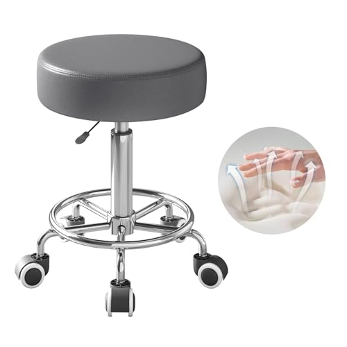 Image of Rolling Stool, Heavy Weight Capacity 250lb, PU Leather Rolling stools, Ultra Soft Padded Seat, Rolling Stools with Wheels and Footrest, 360 Swivel, Spa Drawing Salon Work Office Tattoo Stool (Grey)