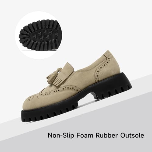 Image of BEAU TODAY Chunky Loafers for Women, Women's Leather Platform Loafers, Lug Sole Tassel Slip On Loafers Shoes Brogues Wingtip Casual Business Shoes Comfortable Dressy