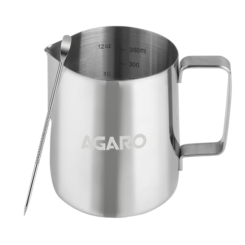 Image of AGARO Milk Frothing Pitcher - 350ml Stainless Steel Coffee Jug with Latte Art Pen | Durable 304 Steel Espresso Pitcher for Milk Frothing, Cappuccino & Barista Tools