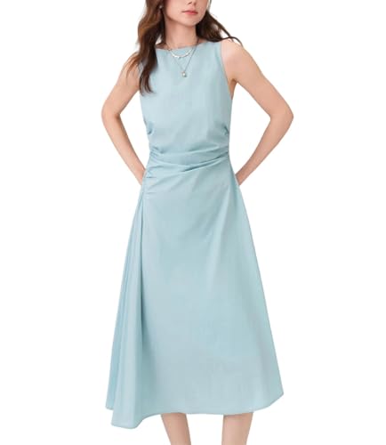 Women Summer French Style Sleeveless Vest A-Line Solid Cotton Ruched