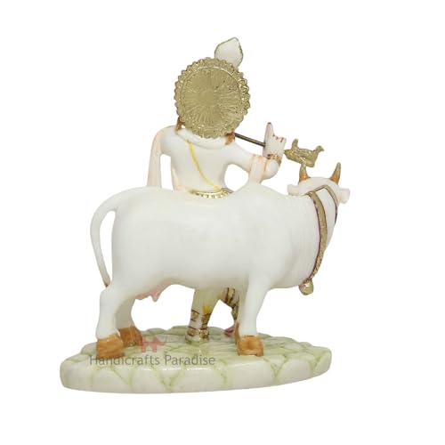 Image of Handicrafts Paradise Culture Marble Hand Painted Krishna with Cow Intricately Carved Showpiece for Home Decor and Puja - 5.5 Inch, Fantasy, Multicolor