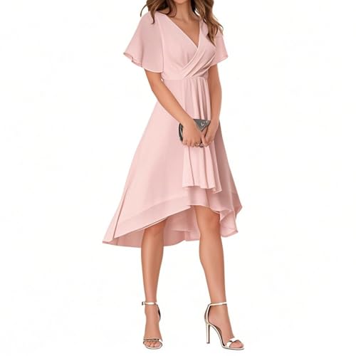 Minetom Abito da Ospite di Nozze Donna Maniche A Volant Collo A V Stile Impero Chiffon Vestito da Sera Cerimonia Elegante Abiti da Damigella A Rosa M