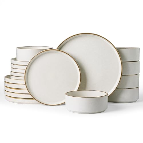 Image of Famiware Nebula Plates and Bowls Sets, 18 Pieces Stoneware Dinnerware Sets, Reactive Glaze Dish Set, Dishes Set for 6, Matte Beige White with Brown Rim