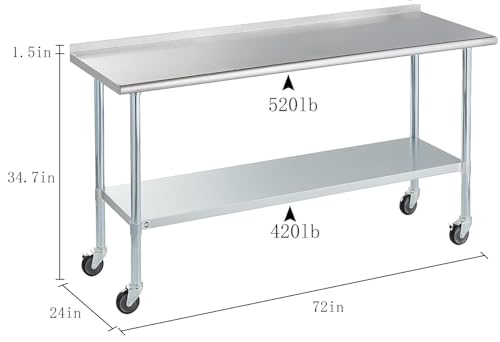 Image of Stainless Steel Table for Prep & Work with Caster & Backsplash 24x72 Inches, NSF Metal Commercial Kitchen Heavy Duty Table with Adjustable Under Shelf and Table Foot for Restaurant, Home and Hotel