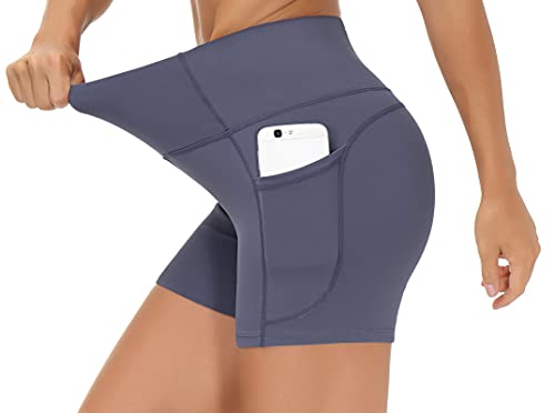 Image of THE GYM PEOPLE High Waist Yoga Shorts for Women's Tummy Control Fitness Athletic Workout Running Shorts with Deep Pockets