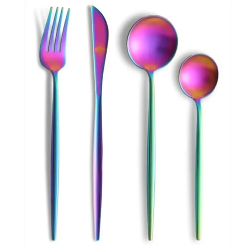 Image of aDai Rainbow Silverware Set | Satin Finish 4-Piece Stainless Steel Flatware Set | Dishwasher Safe Cutlery for Home, Restaurant & Gifting