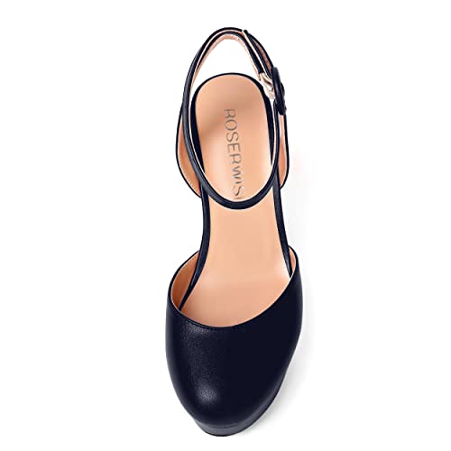 ROSERWISH Womens Round Toe Platform Fashion Ankle Strap Buckle Matte Sexy Party Wedge High Heel Pumps Dress Shoes 4 Inch3