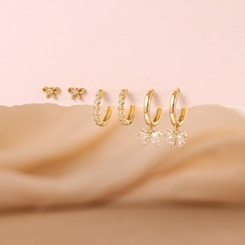 Image of Freekiss 3 Pairs Gold Hoop Earrings Set: Dainty Stud Earrings Trendy Small 14K Gold Plated Hypoallergenic Dangle Cartilage Huggie Hoop Earrings for Women Gold Jewelry for Women Gifts