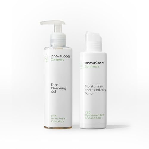 InnovaGoods® Set de cuidado facial con CBD, x1 gel limpiador facial Nutre, calma, reduce rojeces, x1 tónico facial Regenera, hidrata y alivia la piel agredida o irritada, para pieles sensibles