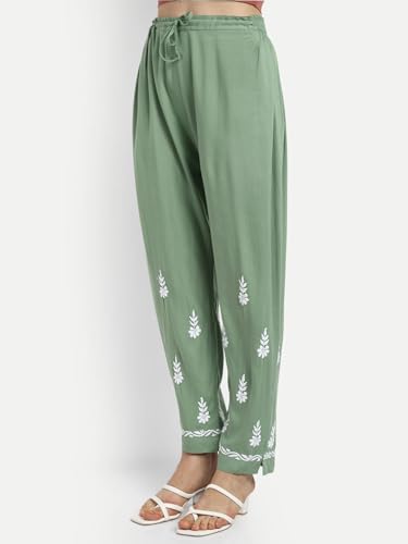 Image of BHARVITA Women's Cotton Blend Lucknowi Embroidered Chikankari Straight Kurta, with Pant Set