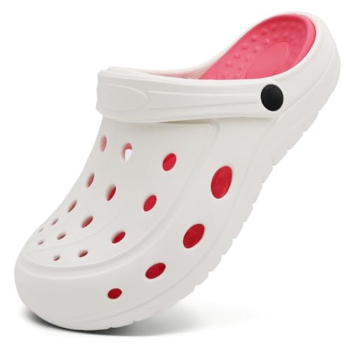 Procity Damen Herren Hausschuhe Gartenschuhe atmungsaktive Clogs leichte Pantoletten Pantoffeln Strand Schuhe Sandalen White/Rosa 41