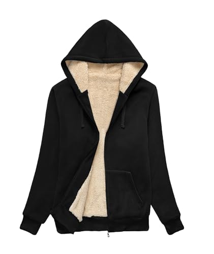 GEEK LIGHTING Womens Zip Up Hoodie Fleece Lined Jacket Sherpa Lined Sweatshirt Warm Winter Fashion Coat for Women Black-L