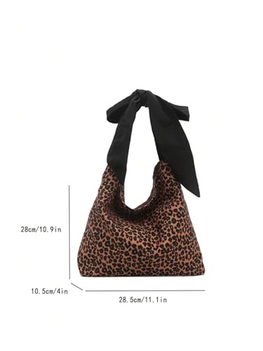 Image of QWINEE Women's Y2K Leopard Print Tote Handbag Casual Cheetah Print Canvas Shoulder Bag Bow Underarm Bag Brown One-Size