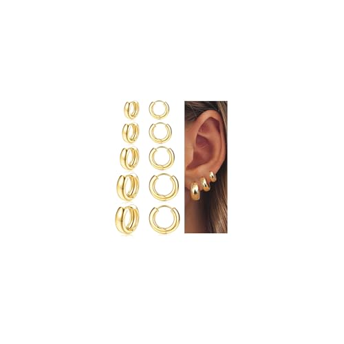 Small Chunky Gold Hoop Earrings for Women Trendy - 14k Gold Plated Earrings Set Hypoallergenic Earrings for Sensitive Ears Thick Hoops Huggie Earring Stacks Dainty Silver Jewelry