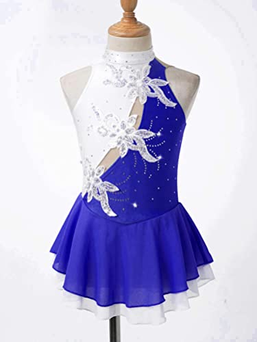 Aislor Kids Girls Roller Figure Ice Skating Dress Sequins Floral Sleeveless Leotard Dress Ballet Dance Skirt Dance Wear Blue&White 12 Years #TOP4