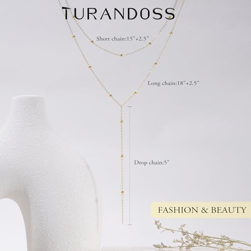Turandoss Gold Necklace for Women - Dainty Long Y Necklace 14K Gold Plated Y-Shaped Lariat Necklaces Layered Beaded Chain Lip Chain CZ Pearl Cross Drop Necklaces for Women Trendy Jewelry 5