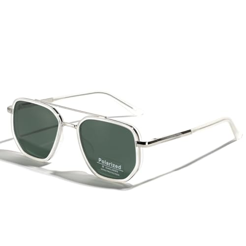 TR90 Polarisierte Sonnenbrille Retro Quadratische Flattop Sonnenbrille Doppelte Brücke Vollrahmen UV400 Linse Brillen (silver with green)