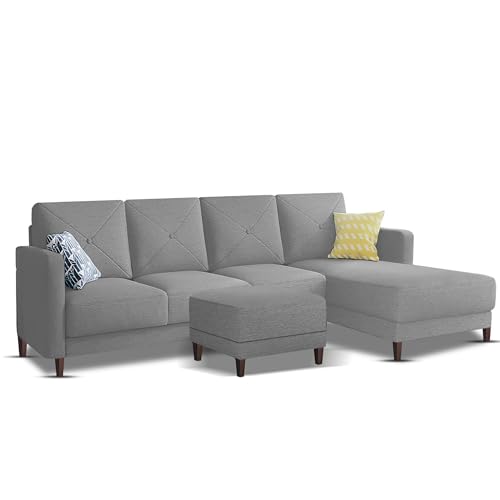 Image of Baloney RHS 6 Seater L Shape Sofa Set with Center Table for Living Room (Grey Fabric) Premium Fabric Sofa