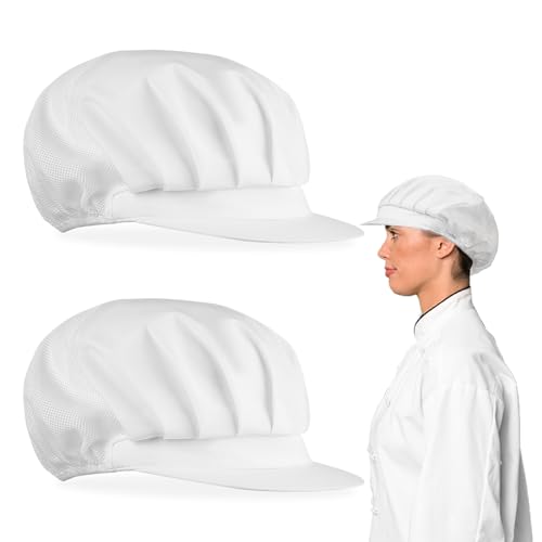 TIEOME 2 Stück Kochmütze Damen, Elastisch Kochen Hut Mesh atmungsaktiv Staubmütze Arbeitshut Industrie Werkstatt Hut Kappe für Küche Bäckerhaarnetz Catering Service(Weiß)