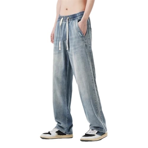 Men's Summer Thin Denim Jeans Loose Fit Straight Leg Elastic Waist Casual Long Pants Plus Size