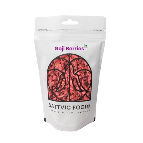 Image of Sattvic Foods Dried Goji Berries (100 g) | Non-GMO, Preservative-Free, Unsweetened Happy Berries | Rich in Antioxidants, Vitamins & Fibre | Enjoy Plain or in Smoothies, Cereals & Baking