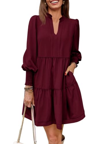 Image of Imily Bela Womens Fall Long Sleeve Tunic Dress Casual V Neck Tiered Dress | Loose,Swing,A-Line,Ruffled Collar,Puff Balloon Sleeve,Smocked Elastic Cuffs,Tiered Layered Ruffle Hem,Babydoll,Loose,Mini