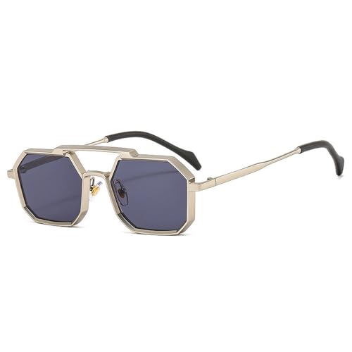 Lunettes de soleil métal punk polygone au design géométrique et verres miroir argenté