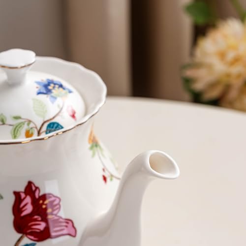 Jomop European Style Ceramic Flower Teapot Coffee Pot Water Pot Porcelain Gift Large 5.5 Cups (1, Blue and Red)