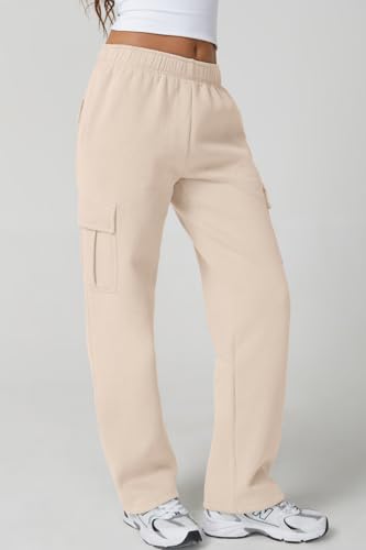 Image of QINSEN Baggy Medium Waist Elastic Sweatpants for Womens Casual Long Fleece Cargo Pants with Pockets