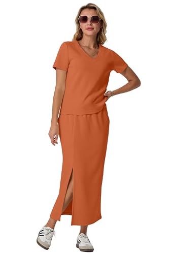 Image of GRECERELLE Women Summer Casual 2 Piece Sets V-Neck Wrinkle-Free Top & Elastic Waist Midi Side Slit Skirt with Pockets